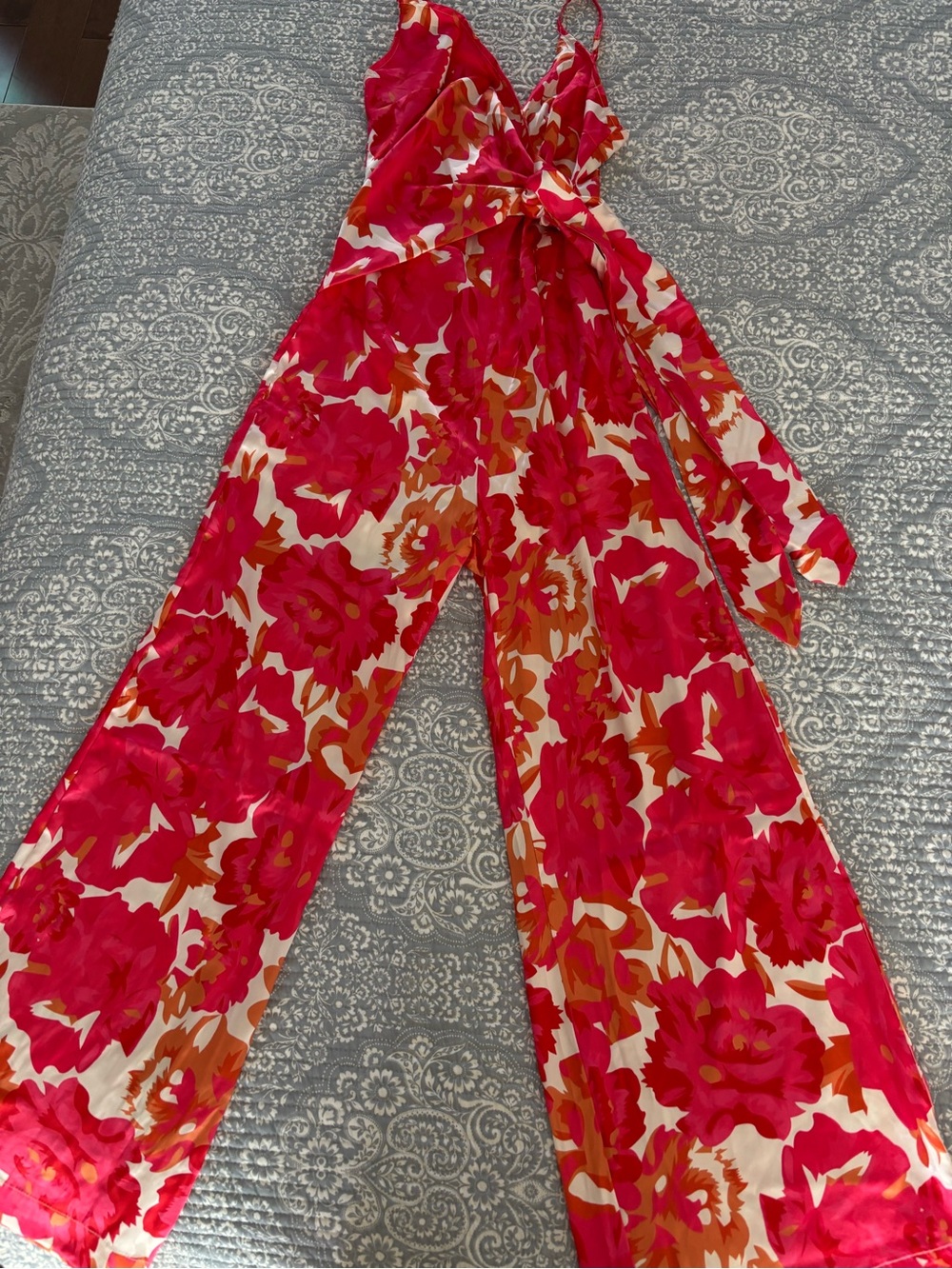 Bright Pink Floral Tie-Waist jumpsuit